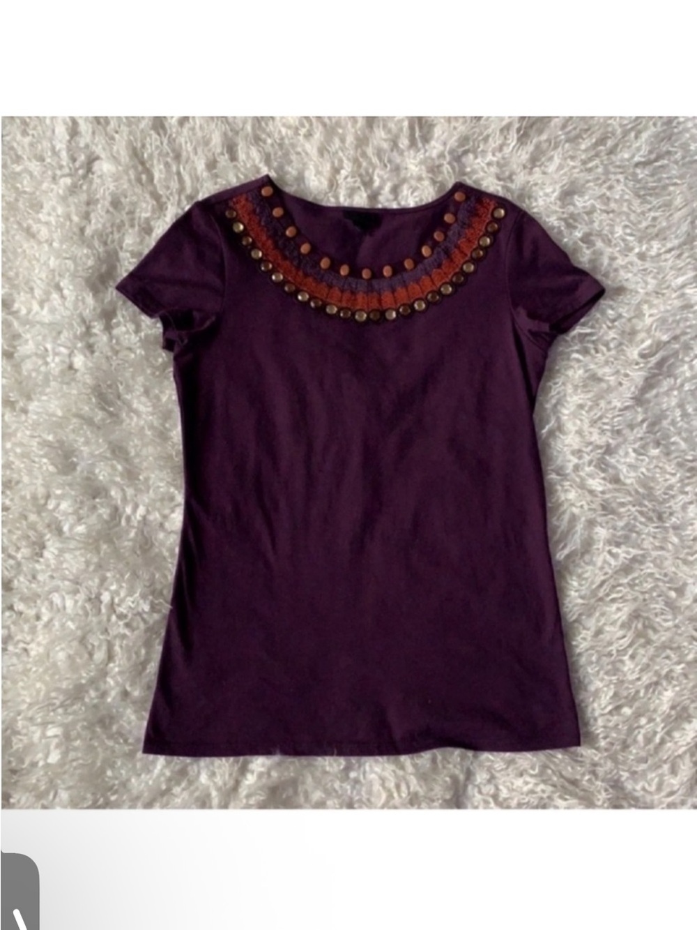 Anna Sui Purple Top/Tee/T shirt Sz S Embellished Crystals Embroidered Neckline
